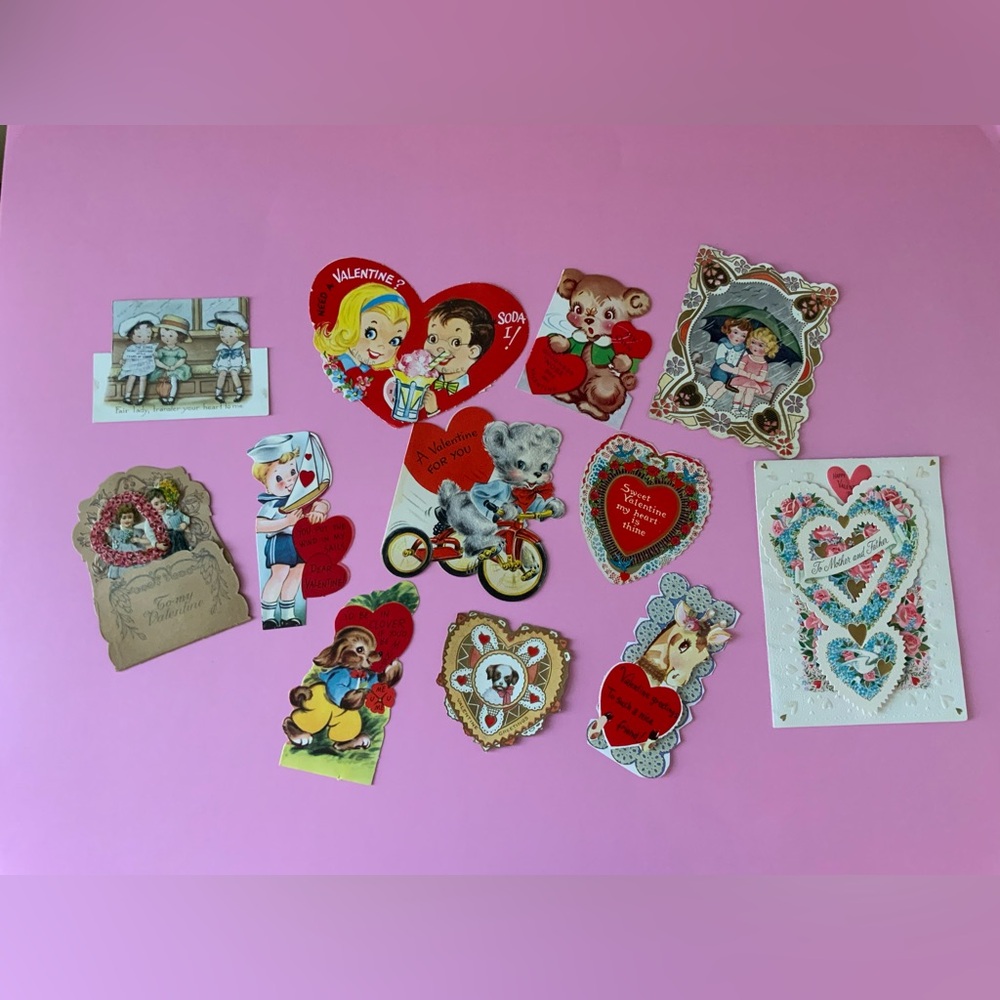 Antique/Vintage Valentine Card Lot - Pink Red Accents